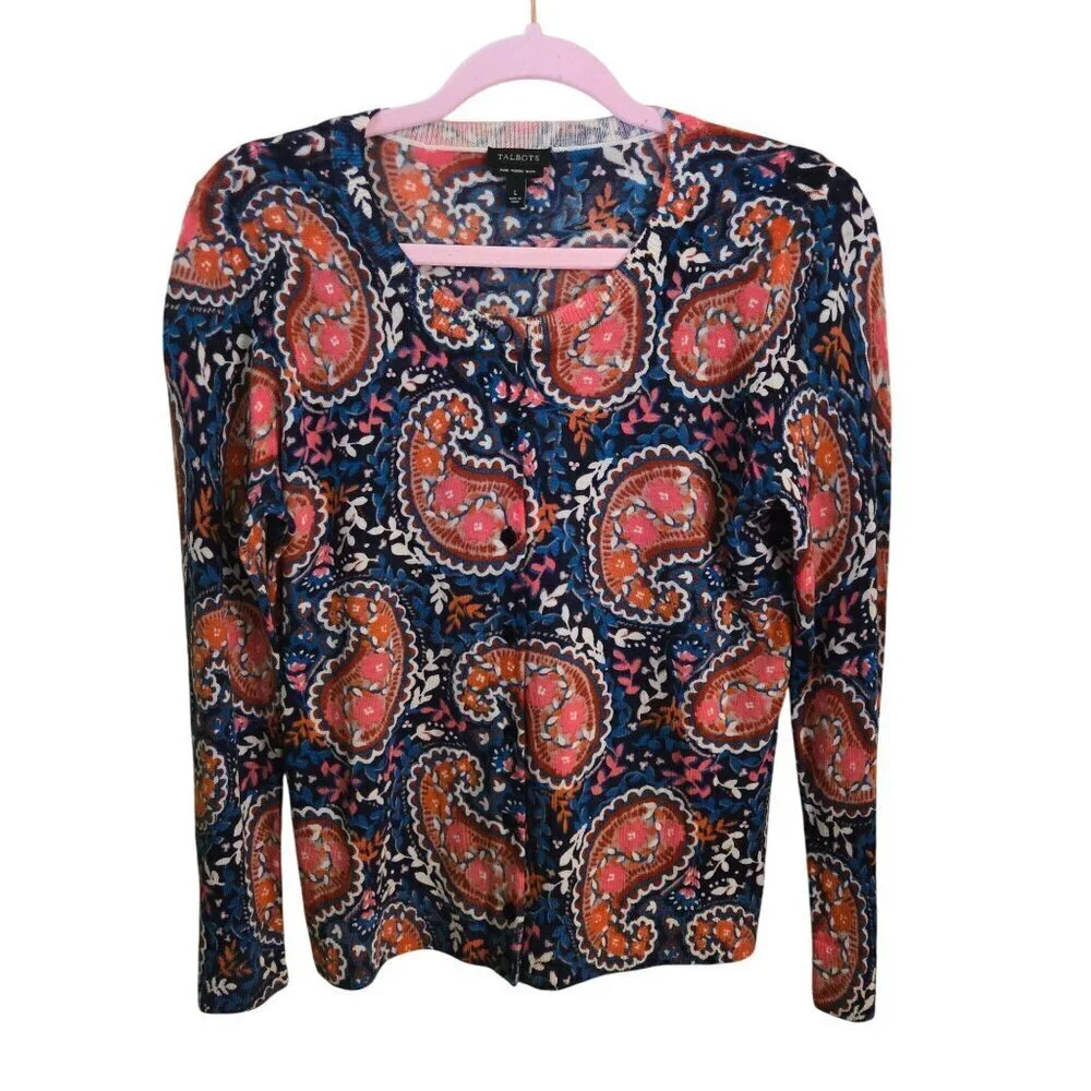 Talbots Merino Wool Blue Pink Paisley Classic Cardigan Sweater Size L